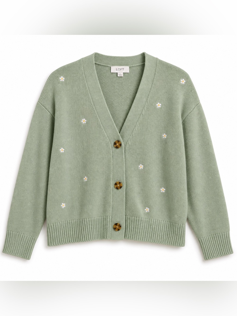 LOFT Sage Green Daisy Embroidered Cardigan Cottagecore ButtonFront Sweater L
